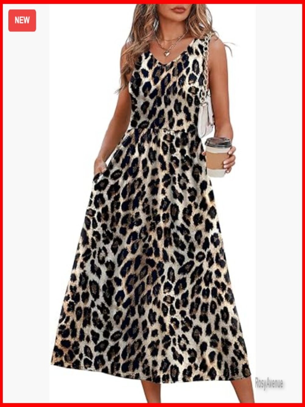 Flowy Midi Dress V Neck Sleeveless Casual Summer Dress with Pockets - Picture 1 of 7